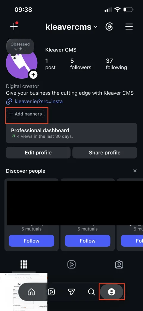 Instagram profile screen with the 'Add banners' button highlighted below the bio link