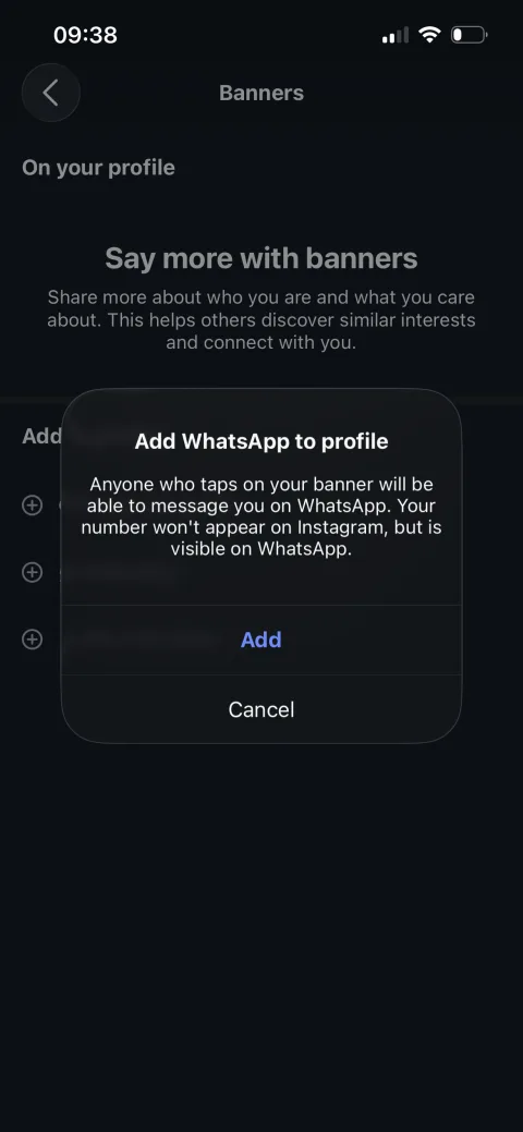Instagram confirmation dialog: 'Add WhatsApp to profile' explaining the number stays hidden