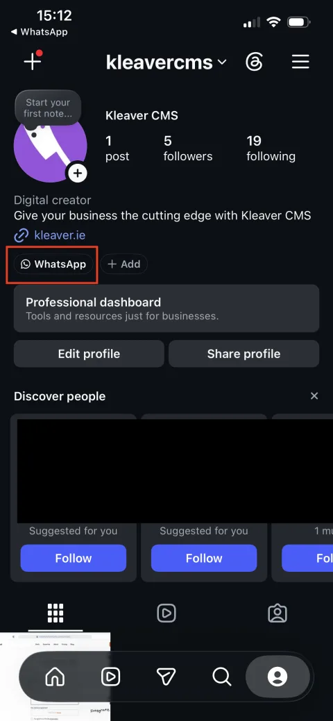Instagram profile with the new WhatsApp banner button showing next to Edit profile