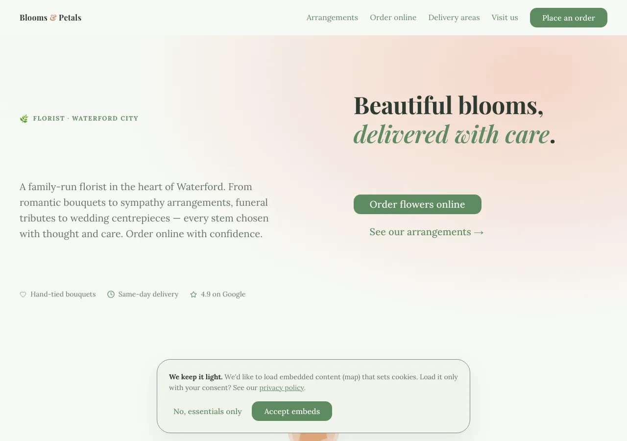 Blooms & Petals homepage — soft green and blush pink, hero reads 'Beautiful blooms, delivered with care'