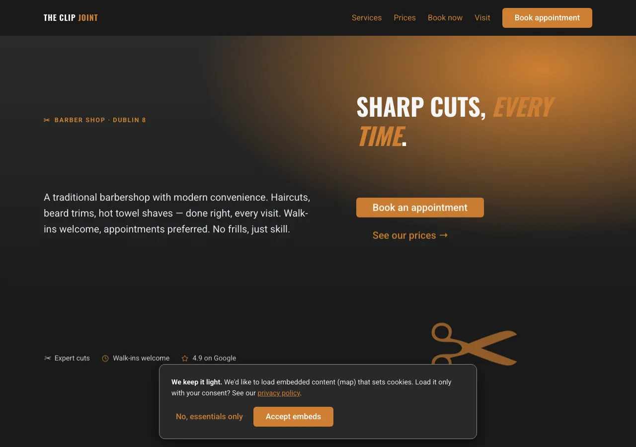 The Clip Joint homepage — dark charcoal and burnt orange, hero reads 'Sharp cuts, every time'